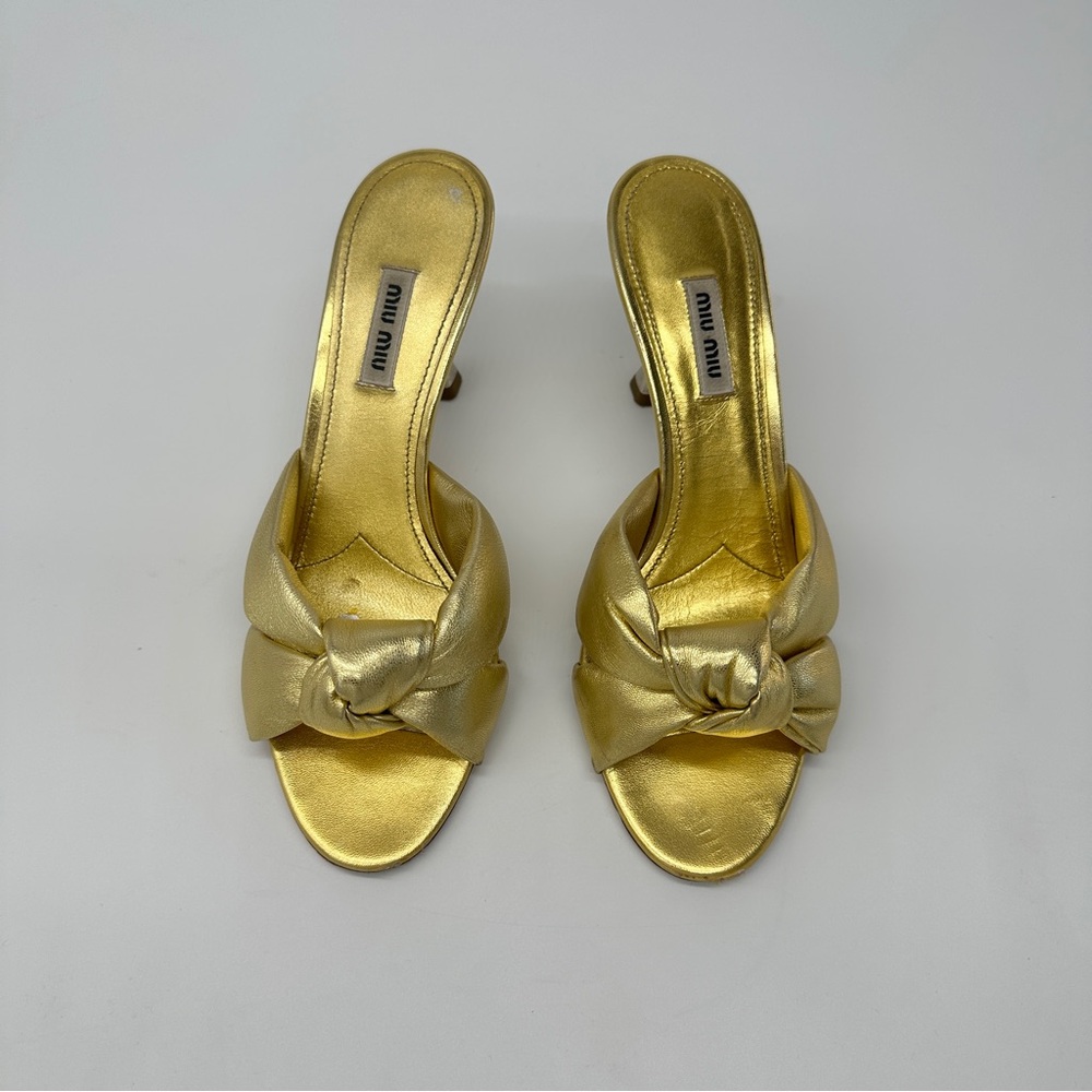 Miu Miu Metallic Gold Knotted Leather Slide Sandals